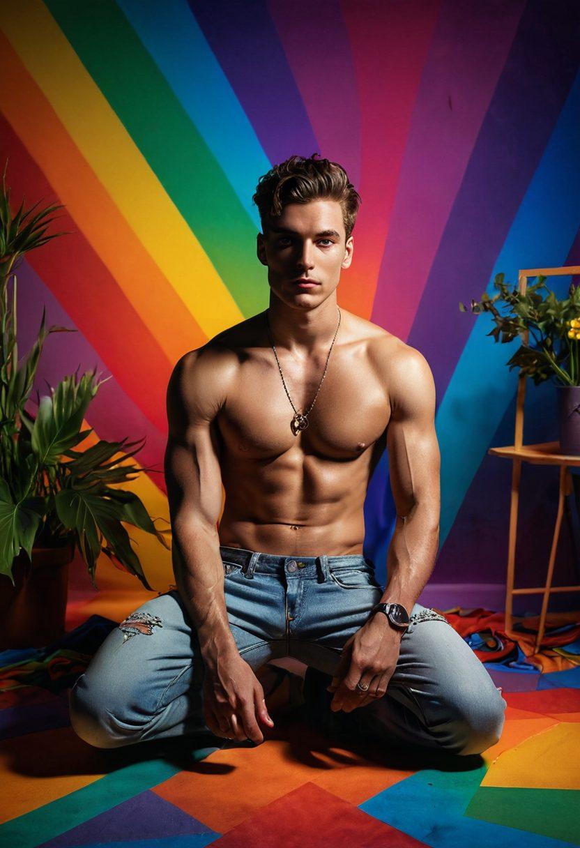 A dramatic composition featuring a sensual male model posing under dramatic lighting in an artistic setting, surrounded by vibrant colors and abstract LGBTQ+ symbols. Include elements of nature intertwined with photography equipment, enhancing the connection between art and life. The atmosphere should evoke a sense of allure and intimacy, inviting exploration. super-realistic. vibrant colors. soft gradients.