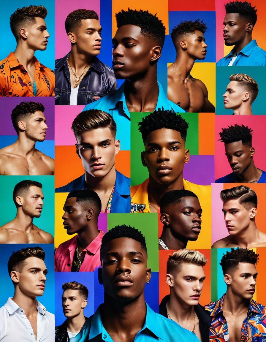 A vibrant collage of provocative gay visuals, showcasing diversity in male beauty and expressive emotions through bold colors and dynamic poses. Include elements like abstract patterns or cityscapes blurred in the background to enhance depth, symbolizing identity and passion. Feature artistic lighting that highlights the subjects' features, creating an aura of celebration and pride. super-realistic. vibrant colors. 3D.