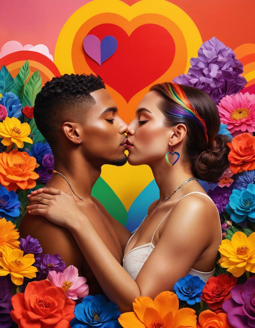 A vibrant collage of intimate expressions celebrating LGBTQ+ diversity, featuring couples of various identities sharing tender moments in a colorful, abstract landscape. Incorporate rainbow motifs and symbols of love, like hearts and flowers, blending into the background to enhance warmth and inclusivity. super-realistic. vibrant colors. 3D.